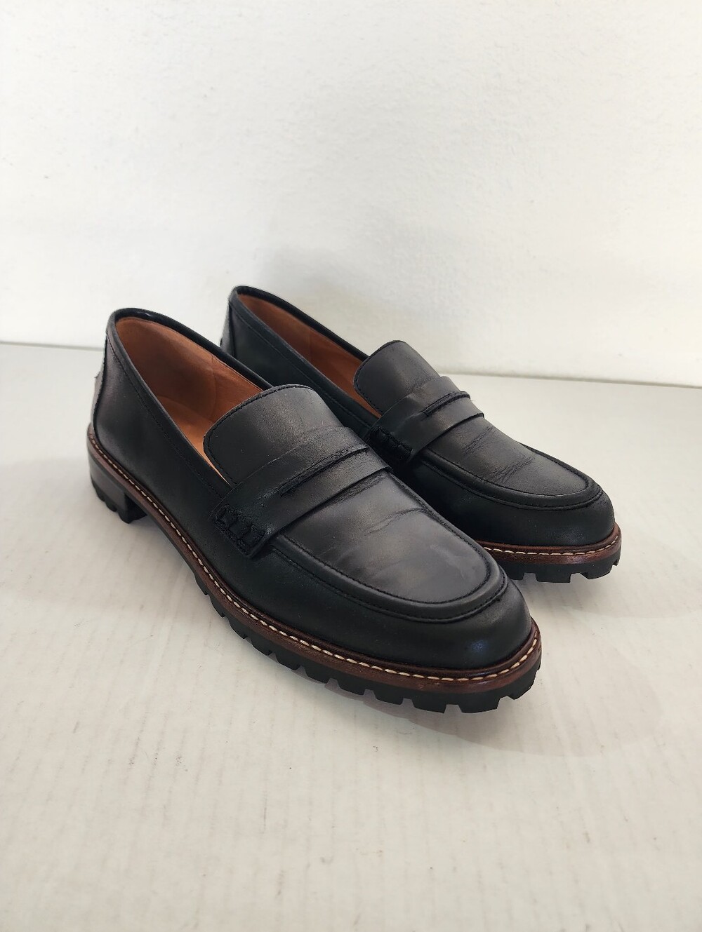 Madewell Corinne Black Leather Lug Sole Penny Loafers Shoes  Womens 8.5